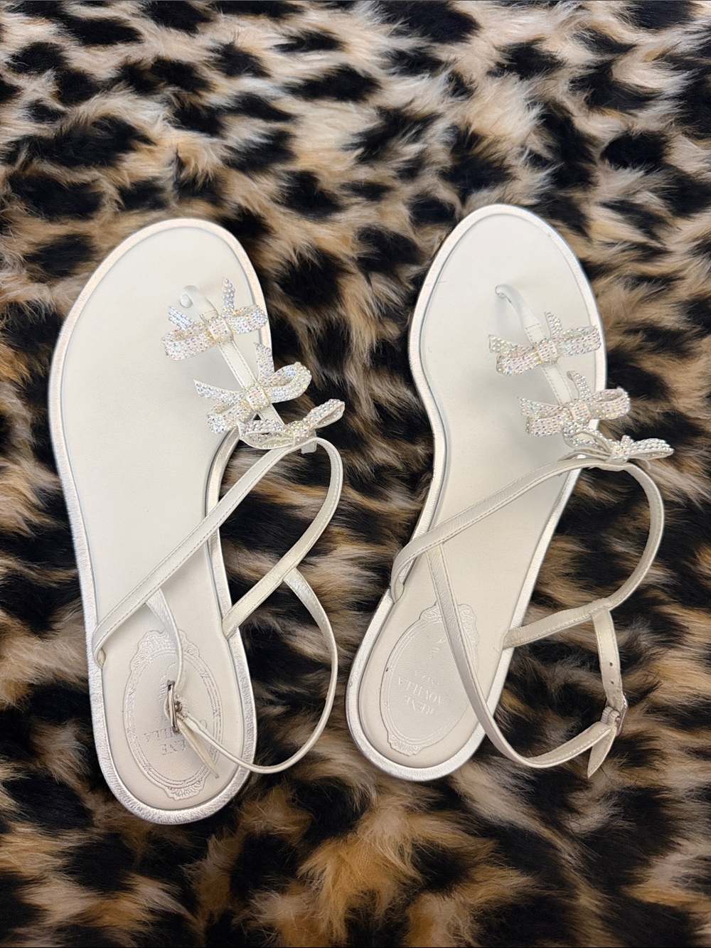 Rene Caovilla White Crystal Bow Strappy Sandals